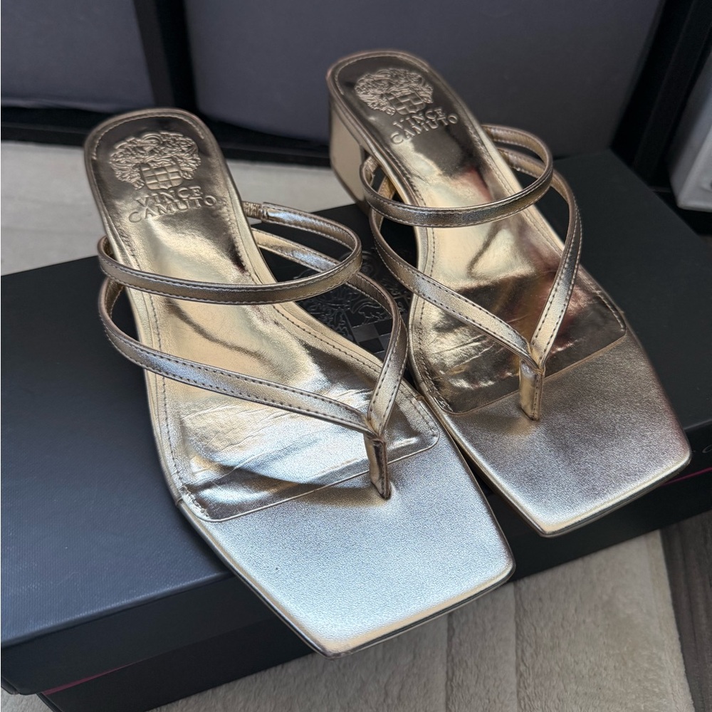 Vince Camuto Metallic Gold Strappy Square-Toe Sandals